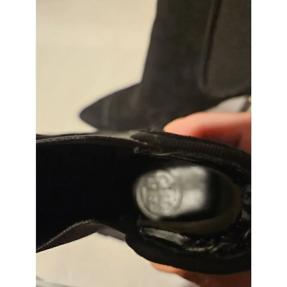 Tory Burch black suede ankle booties with gold emblem on heel. Size 7.